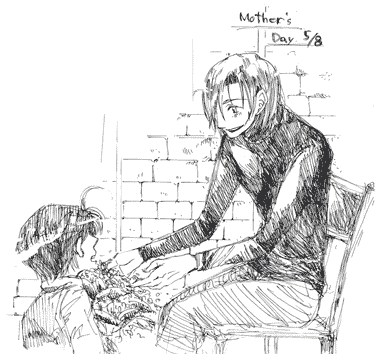 2005年のスパコミにて配付したペーパーvol.26より。waka様に「1ページ描いてー!」とお願いしたら、素敵な母の日絵が!